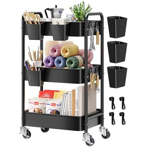 3 Tier Rolling Cart Metal with Wheels, Black Three Tiered Utility Craft Cart Organizer on Wheels, Roller Storage Carts for Baby, Diaper Caddy, Art, Snack, Nail, Lash, Cleaning, Dorm, Bathroom, Laundry