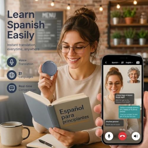 Portable AI Language Translator Device 165 Languages, Wearable Compact Gray 2.87" x 2.87" x 0.57"