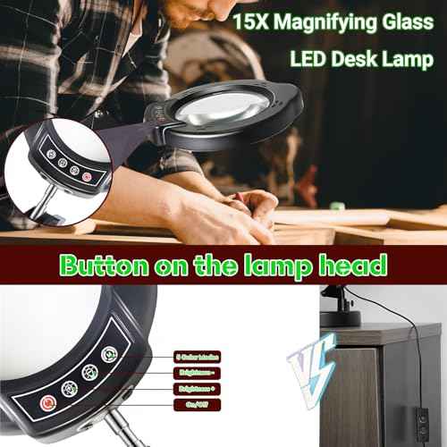 15X Magnifying Glass with Light and Stand, 5 Color Modes 10 Levels Adjustable Brightness, 2-in-1 Desk Lamp with Clamp, Hands Free LED Light Magnifier for Craft Hobby Reading Repair Close Works