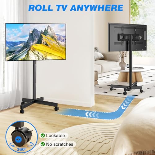 Rfiver Black Mobile TV Cart for 23-65 Inch TVs, Tilting Height-Adjustable Rolling Stand, Holds up to 88 lbs, Outdoor Floor TV Stand with Swivel Wheels