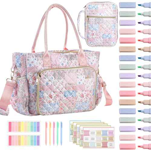 Large Bible Bag Quilted Bible Cover Case Kit for Women Church Bag with Shoulder Strap Study Supplies Carrying Case 6 Highlighters 5 Pens Tabs Journaling Kit Christian Gifts(Spliced Flower)