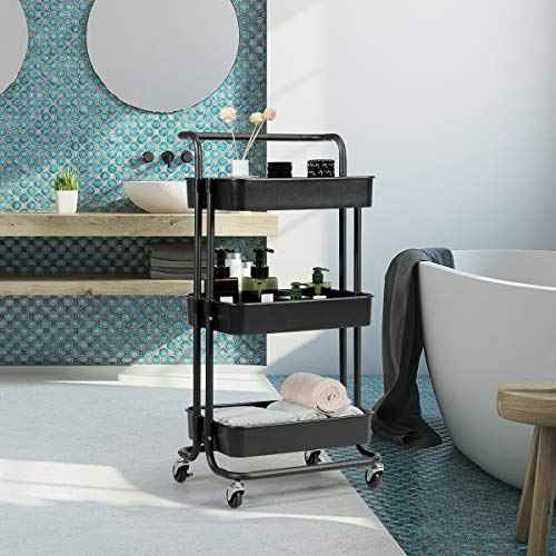 Giantex 3-Tier Utility Cart, Storage Rolling Cart with Casters, Multifunctional Organizer Cart with Top Handle, ABS Mesh Baskets, Storage Trolley with Brakes for Home and Office 16.5"x14"x34"(Black)