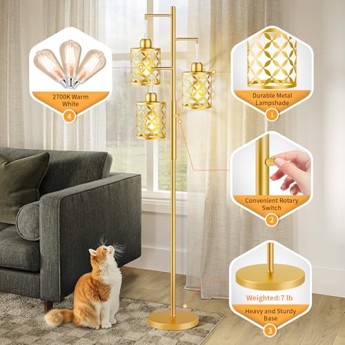 68" Dimmable Floor Lamp, Modern Standing Lamp with Elegant Metal Cage, Industrial Tall Tree Floor Lamps for Living Room, Bedroom, Study Room, Office (2000LM LED Bulbs Included) - Gold
