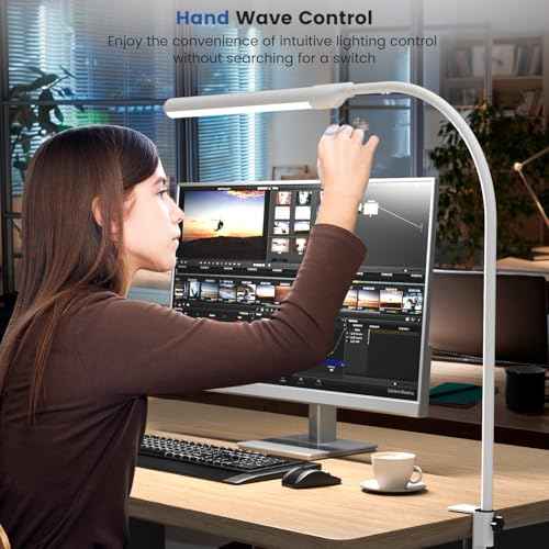 MY BEAUTY LIGHT Smart LED Desk Lamp with Clamp, Handwave Sensor Desk Light, 2700-6500K 5 Color Temperature Bright Dimmable Eye-Caring Clip on Light, Gooseneck 360¡Æ Rotatable Desk Lamps for Home Office