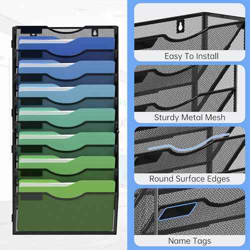 Kuntine.B Wall File Organizer Office Hanging Magazine Holder Wall File Organizer for Office Home (Black, 8 Tier)