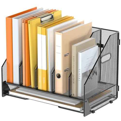 Desk File Folder Holder Organizer-5 Vertical Compartments Racks and Paper Letter Tray,Mesh Magazine File Holder Sorter,Desktop Accessories & Workspace Organizers for Home,Office,School-Black