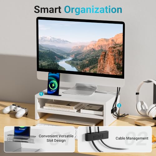 White 16.5 Inch Wooden Monitor Stand Riser for Desk, 2-Tier Organizer