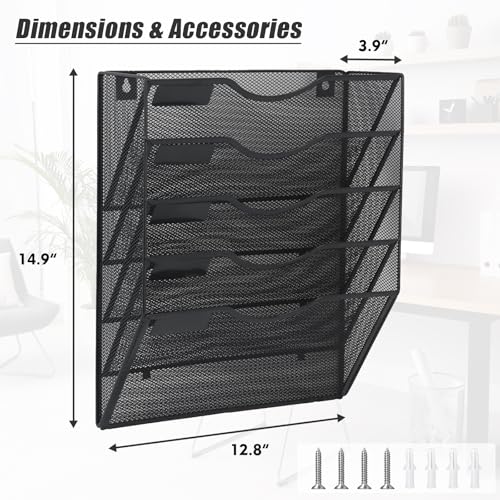 EASEPRES 5-Tier Mesh Wall File Organizer Black Letter Size Office Storage