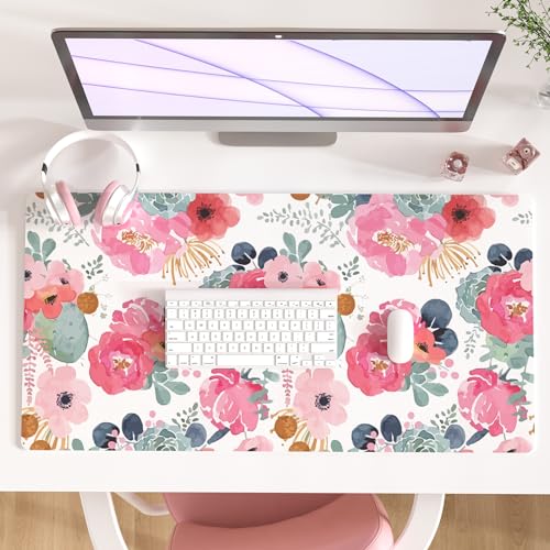 QIYI Watercolor Pink Flowers Large Waterproof Mouse Pad 31.5" x 15.7"