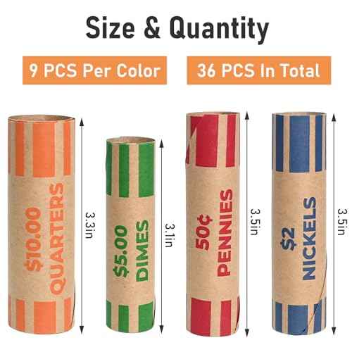 THEBLUETOUCH Preformed Coin Wrappers Rolls (36 Assorted) - Quarters, Pennies, Nickels and Dimes