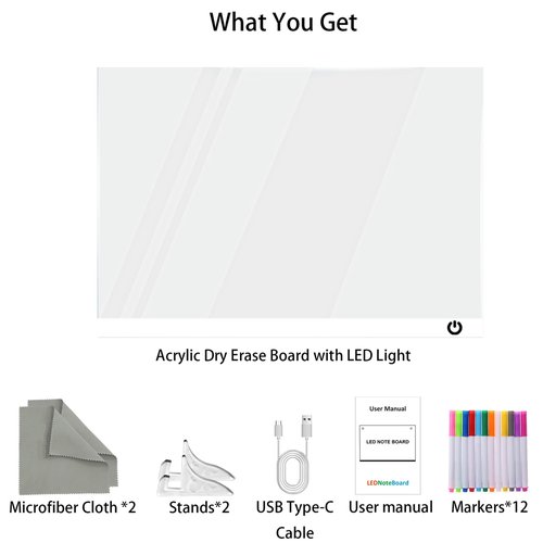 Acrylic Dry Erase Board with LED Light -11.8"x8.5" Clear Glowing Memo,Brightness Level Adjustment,12 Color Markers, Ideal for Office/Home/Kids (Standard Edition)