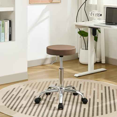 Adjustable Office Stool with Wheels 19.5"-26.6", Brown Thick Cushion Backless Rolling Chair (Coffee Brown)