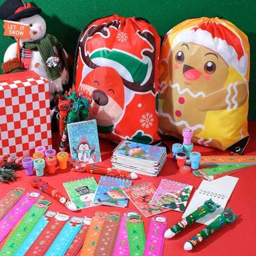Zhanmai 84 Pcs Christmas Stationery Party Favor Bulk 16.5 x 13.8" Christmas Drawstring Backpack Multicolor Ballpoint Pen Ruler Stamp Notebook for Christmas Stationery Gift Classroom Prize for Kids