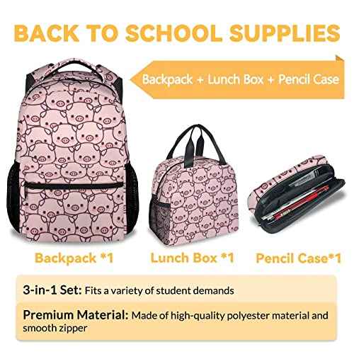 Pig Backpack with Lunch Box and Pencil Case, 16 Inch Cute Pig Bookbag Durable, Lightweight, Large Capacity, Funny Animal Backpack for School Girls Kids Women