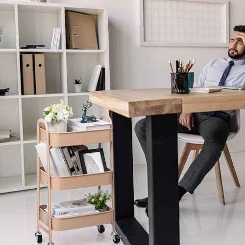AGTEK Makeup Cart, Movable Rolling Organizer Cart, 3 Tier Metal Utility Cart with Lockable Wheels for Home & Office, Milk Tea