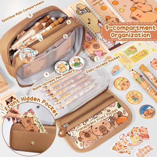 Fimibuke Kids School Supplies for Girls, 36PCS Cute Capybara Stationery Set with Pencil Case Gel Pens Pencils Stickers Notebooks Sticky Note Kawaii Birthday Christmas Gifts for Kindergarten Elementary