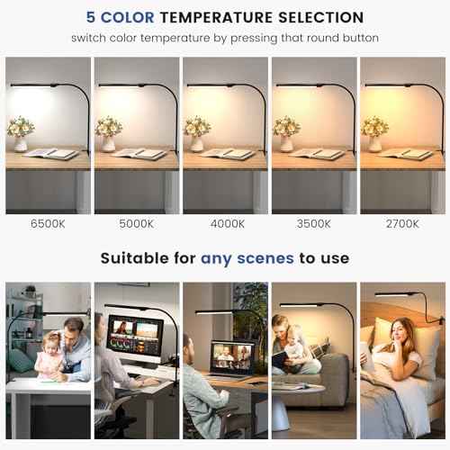 MYPLUS LED Desk Lamp with Hand Wave Sensor, 5 Color Temperatures 2700K-6500K, Touchless Dimming, 360¡Æ Adjustable Gooseneck, Clamp Table Lamp, 110V
