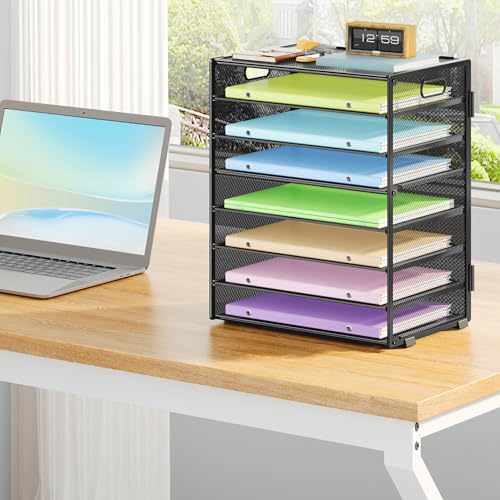 8 Tier Paper Organizer with Handle, Metal Mesh Desk File Organizer, Large Capacity Desk Organizers Paper Letter Tray Desktop Document Sorter for Office, Home or School - Black
