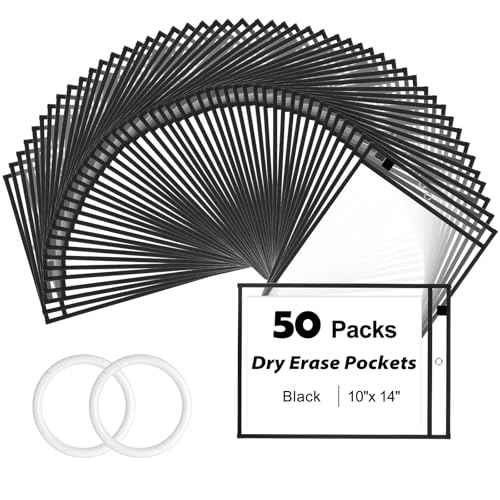 50 Packs Dry Erase Pocket Sleeves with 2-Ring, Reusable Clear Plastic Classroom Sleeves, 10x14 Inch Ticket Holders, Plastic Sleeves for School/Office Organization