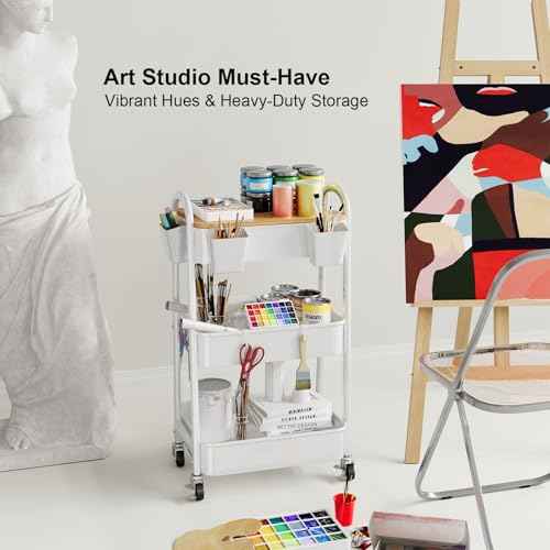 3 Tier Rolling Cart Metal with Wheels and Bamboo Table Top, Art Cart Organizer on Wheels, White Three Tiered Storage Utility Carts for Craft, Baby, Diaper Caddy,Coffee,Kitchen,Cleaning,Office Supplies