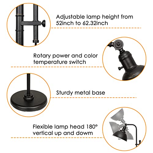 Industrial Floor Lamp, 3 Color Temperature Rustic Floor Lamps in Aged Bronze, Adjustable Height&Head Standing Reading Lamp Farmhouse Lamp