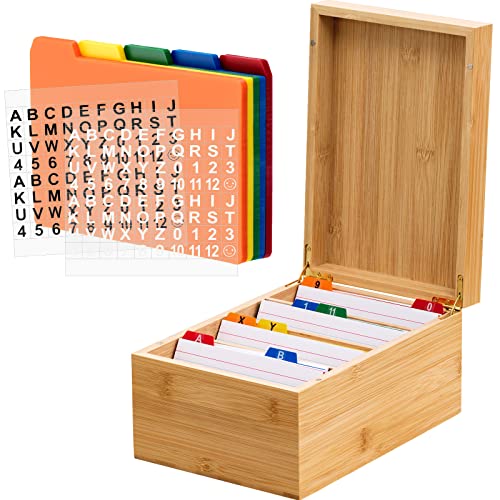 Henoyso 4 x 6 Inches Index Card Holder Set, Bamboo Recipe Box Organizer Index Cards Organizer, 50 Pcs Dividers 2 Sheets Alphabet Number Stickers File Note Holders for Office Business Home Kitchen
