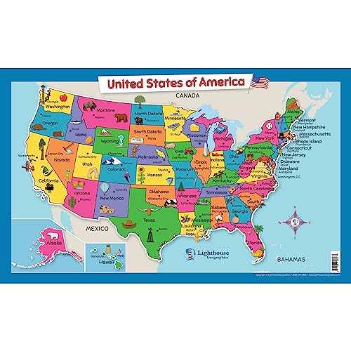 USA Wall Map for Kids with Illustrations - 18x29 Laminated Educational Poster
