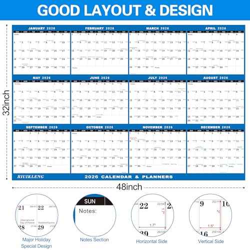 32" x 48" 2026 Wall Calendar Folded Wet & Dry Erase 12 Month Annual Yearly Wall Planner Vertical-Horizontal,Reversible