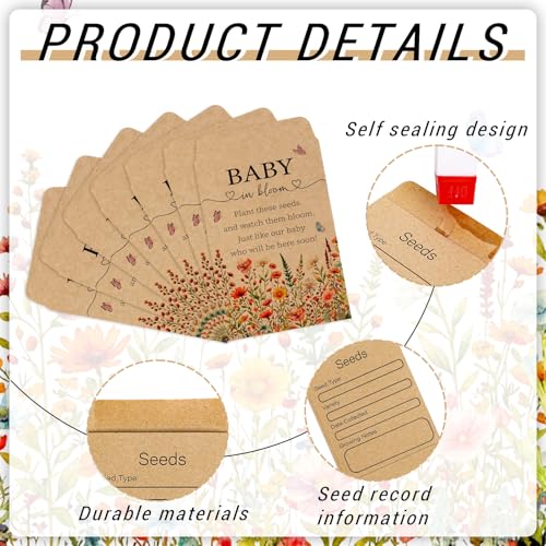 Baby Shower Wildflower Seed Packets - 100 Self-Adhesive Kraft Envelopes for Party Favors