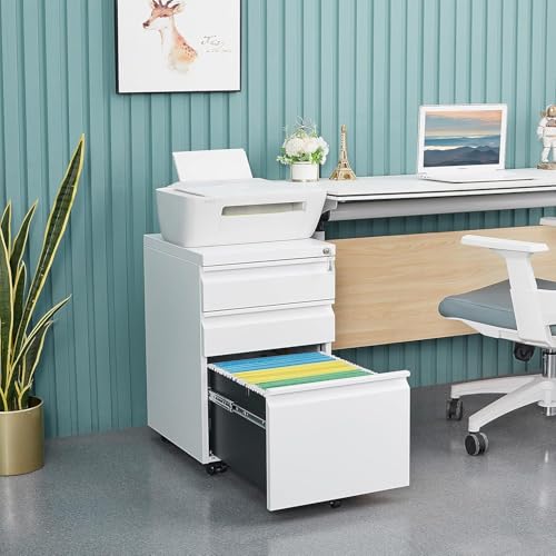 Guizeeopo White 3-Drawer Locking File Cabinet for Home Office, A4/Letter/Legal