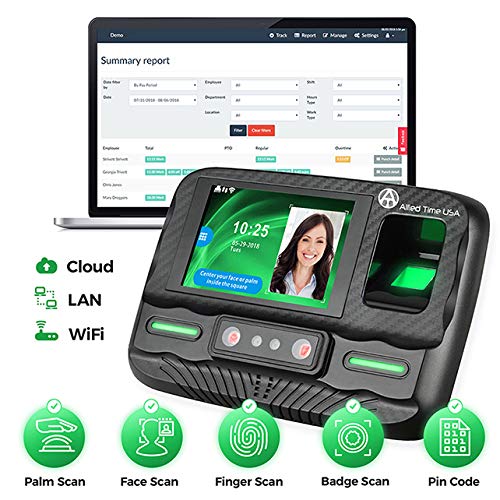 Biometric Time Clock for Employees Attendance - Subscription Clock in Machine for Employees - Pin, Face Scanner, Palm & Fingerprint Time Clocks for Employees Small Business - 2 RFID Time Clock Cards