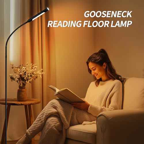 Floor Lamp with Remote, 67" Gooseneck Dimmable Standing Lamp, 3 Color Temperatures & 5 Brightness Levels, Modern Reading LED Light for Bedroom, Living Room, Office - Black