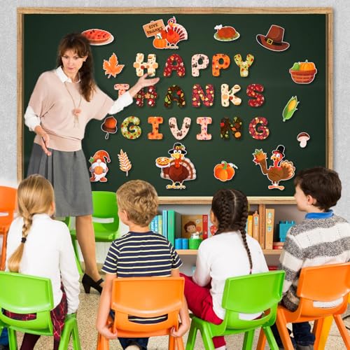Konsait 31Pcs Thanksgiving Bulletin Board Decorations, Turkey Pumpkin Fruits Gnome Happy Thanks Giving Cutouts for Bulletin Board, Thanksgiving Decoration for School Home Office