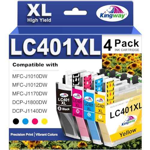 LC401XL LC401 MFC-J1010DW Ink Cartridges for Brother Printer Work for Brother MFC-J1010DW MFC-J1012DW MFC-J1170DW MFC-J1800DW MFC J1010DW 401XL Ink Cartridges LC401 - 4-Pack Black Cyan Magenta Yellow