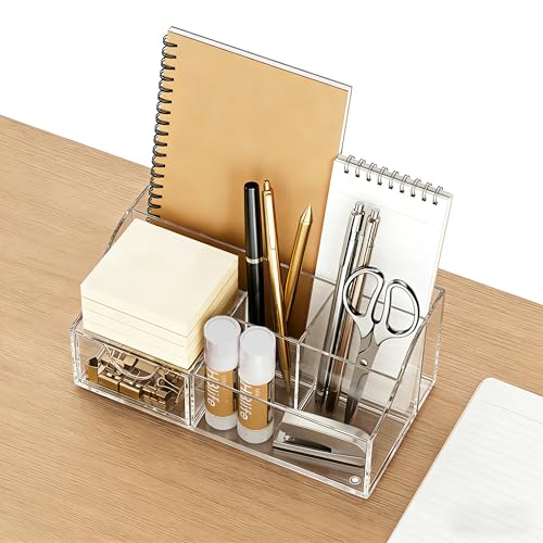 HBlife Clear Acrylic Desk Organizer with Drawer — 1 Pack, Multi-Compartment Office Supply Caddy