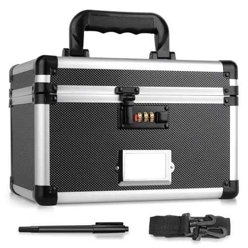 11 x 7 x 8.3 Inch Lockable Storage Box with Combination Lock, Portable Safe for Documents, Medicine, Cash & Valuables, Medicine Lock Box with Label Slot for Home, Office & Travel - Black