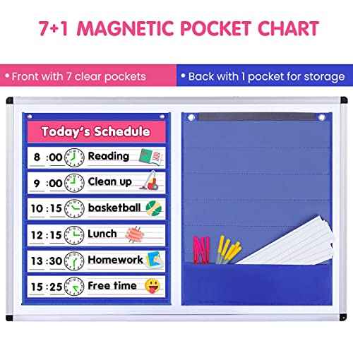 Auchq Magnetic Pocket Chart,Standard Pocket Chart with 7+1 Pockets,14 Double-Sided Dry-Eraser Cards for Daily Schedule,Class Demonstrations,Classroom Office Home Activities (Blue)