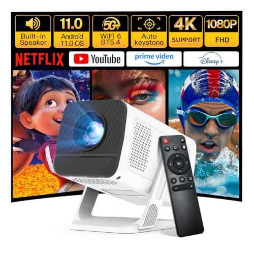 Mini Projector 1080P 4K Support with WiFi 6 and Bluetooth 5.4 Built-in Apps TV Android 11 Auto Keystone Outdoor Portable Projector Compatible with iOS/HDMI/TV Stick VisualCube 300