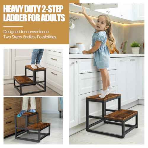Wood and Metal 2 Step Stool for Adults & Kids ? Heavy Duty Rustic Step Stools, 500 Lbs Capacity Non-Slip Stepping Stool for High Beds, Kitchen, Bathroom, Closet, Durable Foot Stool for Home Use