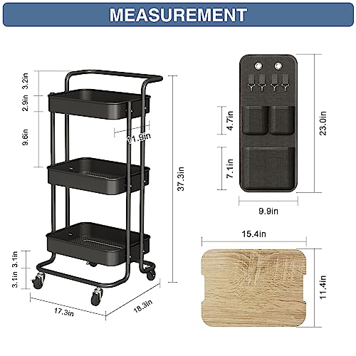 DTK Black 3-Tier Metal Utility Rolling Cart with Tabletop & Side Bags