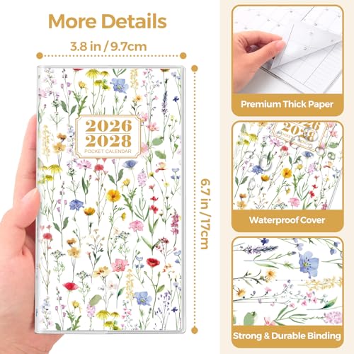 SKYDUE Floral White Pocket Calendar 2026-2028 | 3.8x6.5in Compact Monthly Planner for Purse