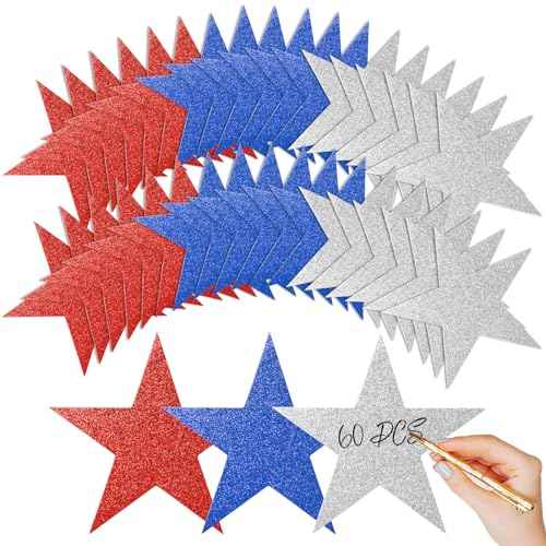60 Pcs Patriotic Star Cutouts Double Printed Paper Star Confetti Cutouts for 4th of July Decoration Bulletin Board Classroom Wall Decoration,6 Inches (Red, Blue, Silver)