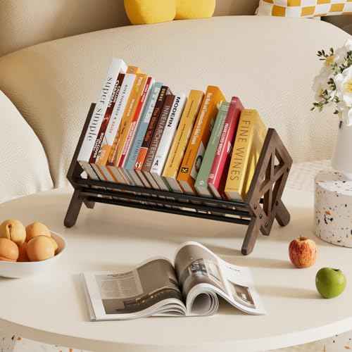 Desktop Bookshelf Organizer, Wood Office Tabletop Book Storage Rack, Tilting Bookcase for Books/CDs/Magazine Display (Black)