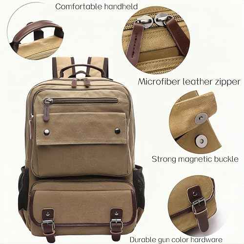 Canvas Backpack for Men Women, Vintage Rucksack Fit 15.6 Inch Laptop Travel Rucksack for Casual Hiking Travel Commute (Khaki)