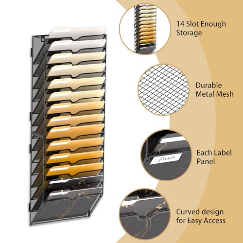 SUPEASY 14-Tier Wall File Holder Organizer Hanging Wall Files for Papers, Folders, Magazines, Assembly Needed, Wall Organizer for Clipboard, Black