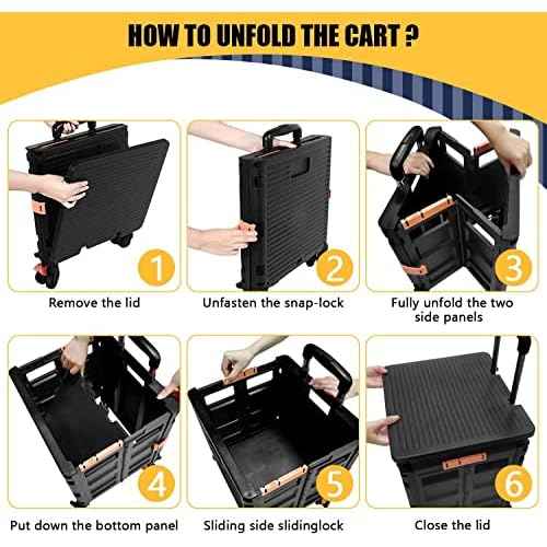 Foldable Utility Cart Folding Portable Rolling Crate Handcart Handcart Shopping Trolley Wheel Box with Lid,360¡ÆRotate Wheels,Heavy Duty Durable Dolly Cart for Teacher Tourist Shopping Office Outdoor