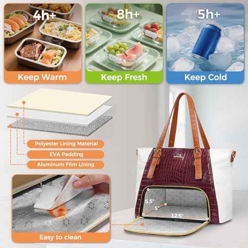 MATEIN Laptop Tote Bag with Lunch Compartment Detachable, 15.6 Inch Insulated Work Tote Bag for Women PU Leather Work Purse with Lunch Compartment, Computer Handbag Commute Office