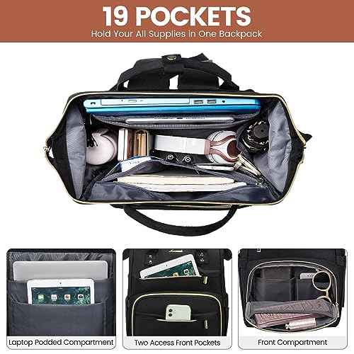 LOVEVOOK Laptop Backpack for Women,18 Inch Professional Womens Travel Backpack Purse Computer Laptop Bag Nurse Teacher Backpack,Waterproof College Work Bags Carry on Back Pack with USB Port,Black