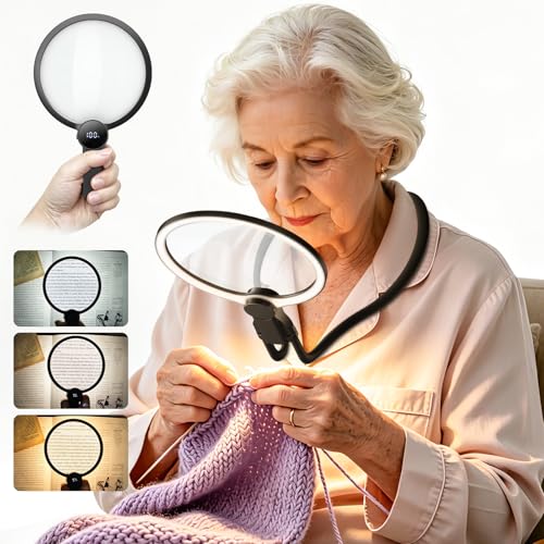 AIXPI 5X Large Rechargeable Hands-Free Magnifying Glass with Light - Black
