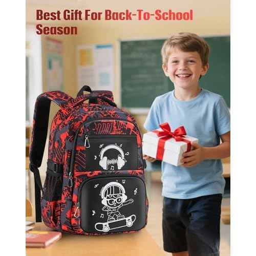 School Backpack for Boys Backpacks for Kids Camo Bookbag Teens Middle School Bags Waterproof Travel Backpack-Red
